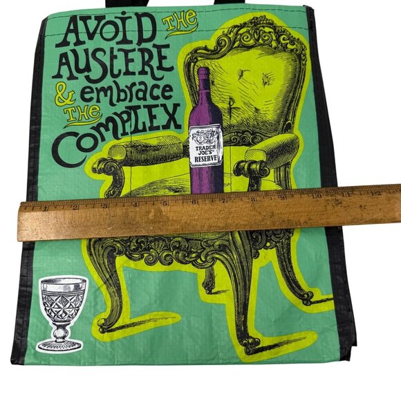 Trader Joes Reusable Tote Bag Graphic Wine Theme Creamy Buttery Avoid Austere - Picture 3 of 3